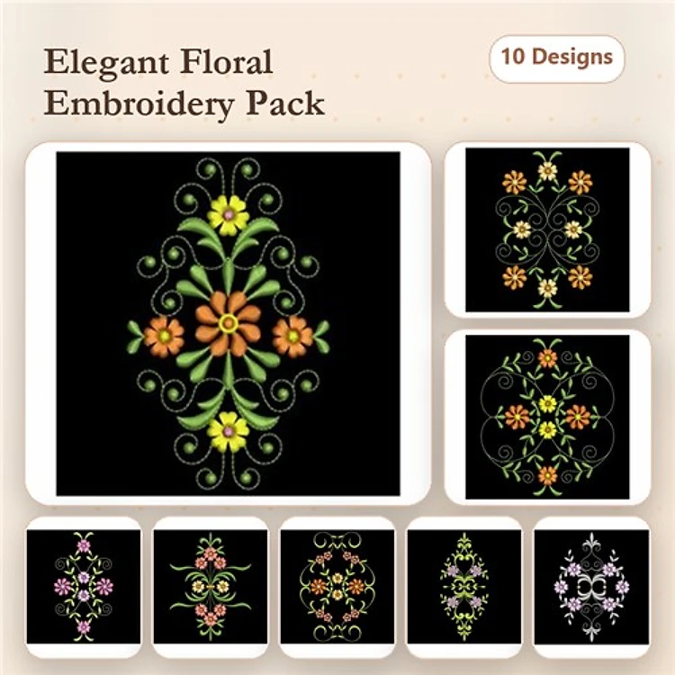 Floral Embroidery Designs Bundle – Elegant Floral Frame, Ornate Floral Centerpiece, Decorative Flower Panel & More (10 Designs)