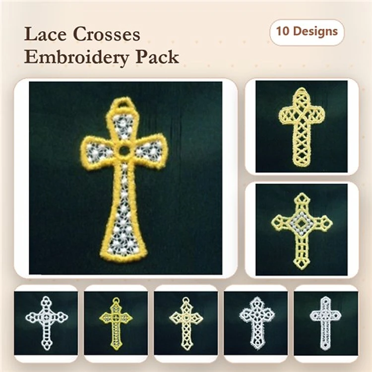 FSL Lace Cross Embroidery Designs Bundle – Yellow Outline, Silver Detail, Beads & More (10 Designs)