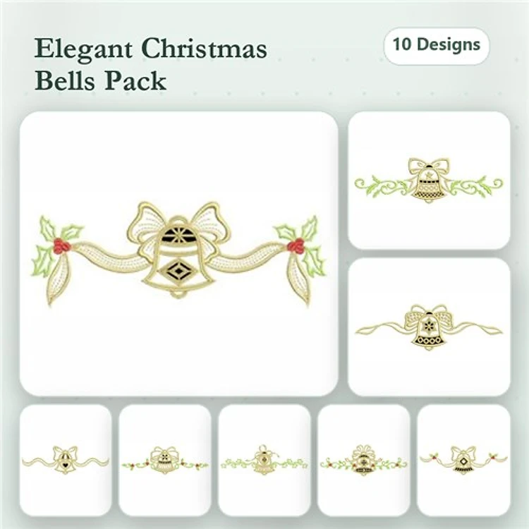 Christmas Bells Embroidery Designs Bundle – Christmas Bell with Ribbon, Holly and Bell Design, & More (10 Designs)