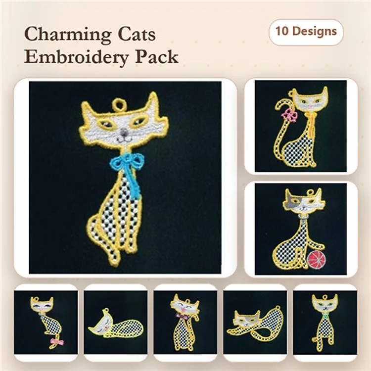 FSL Charming Cat Embroidery Bundle – Cat with Bow, Cat with Ball, Sitting Cat & More (10 Designs)