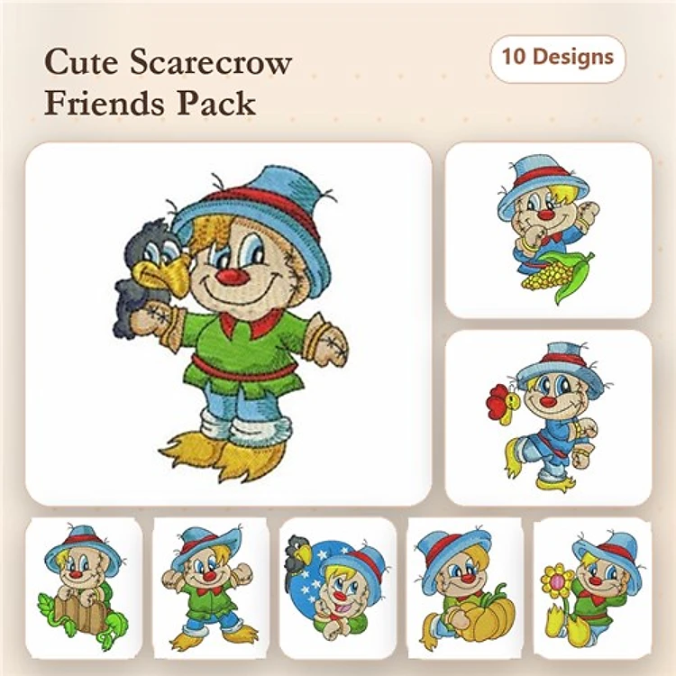 Cute Scarecrow Embroidery Designs Bundle – Scarecrow with Crow, Scarecrow with Flower, Scarecrow with Pumpkin & More (10 Designs)