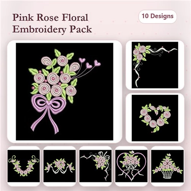 Floral Rose Embroidery Designs Bundle – Rose Bouquet, Heart of Roses & More (10 Designs)