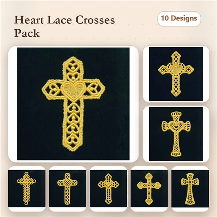 FSL Heart Lace Cross Embroidery Designs Bundle – Decorative Ends, Openwork, Filigree & More (10 Designs)