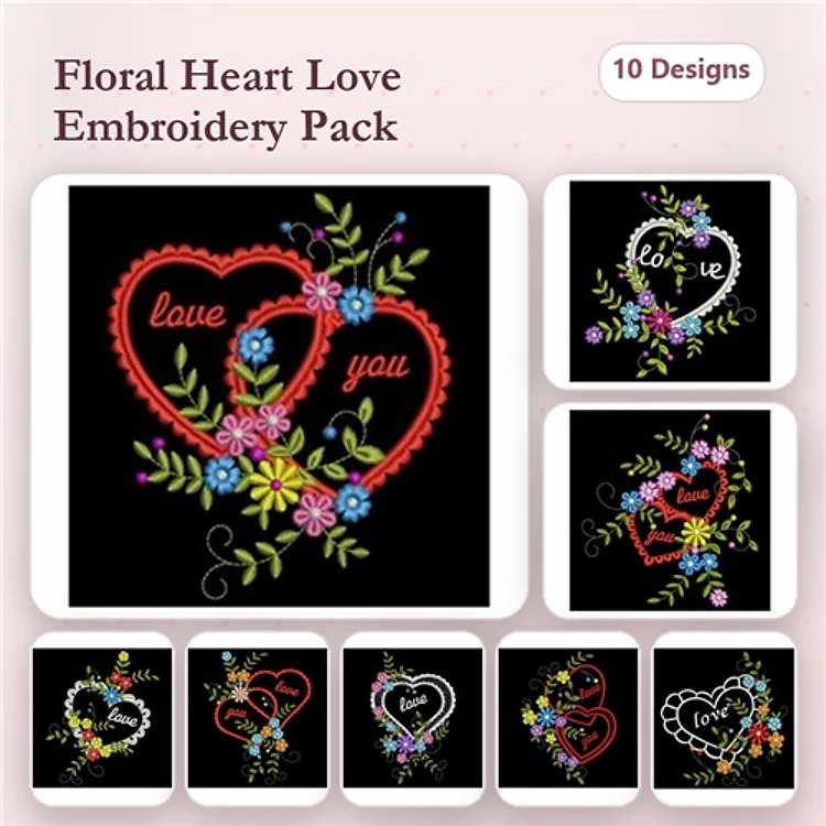 Floral Hearts Embroidery Designs Bundle – Red Heart with Flowers, Black Heart with Floral Arrangement & More (10 Designs)