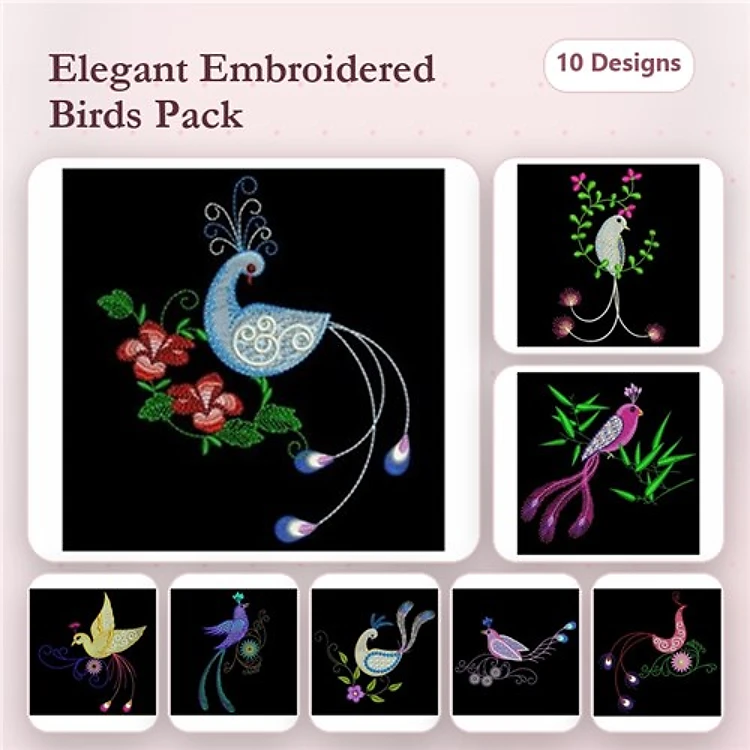 Elegant Birds Embroidery Designs Bundle – Peacock with Flowers, Colorful Bird with Floral Accents & More (10 Designs)