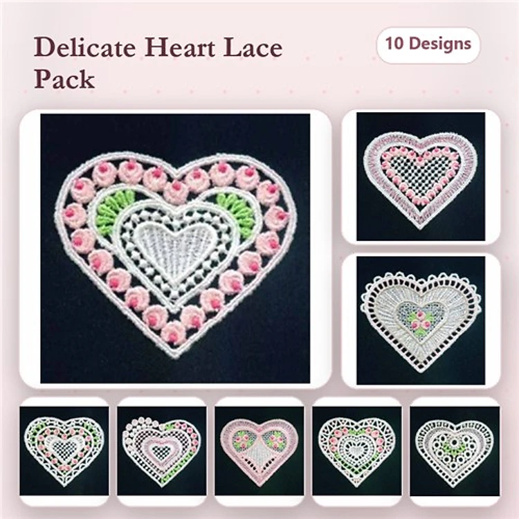 FSL Lace Heart Embroidery Bundle – Delicate Heart with Roses, Elegant Lace Heart, Filigree Heart Lace & More (10 Designs)