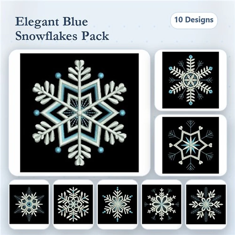 Elegant Blue Snowflakes Embroidery Designs Bundle – Large Snowflake with Blue Accents, Intricate Blue Snowflake & More (10 Designs)