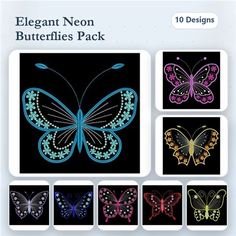 Elegant Neon Butterflies Embroidery Designs Bundle – Blue Neon Butterfly, Pink Neon Butterfly, Glitter Neon Butterfly & More (10 Designs)