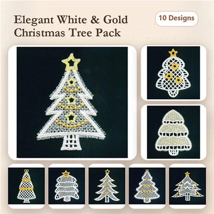 FSL Elegant Christmas Trees Embroidery Designs Bundle – Lace Christmas Tree with Stars, Gold Star Ornament & More (10 Designs)