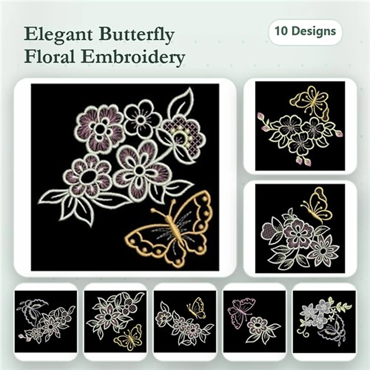Butterflies & Floral Elements Embroidery Designs Bundle – Elegant Butterfly with Flowers, Floral Bouquet, Single Flower & More (10 Designs)