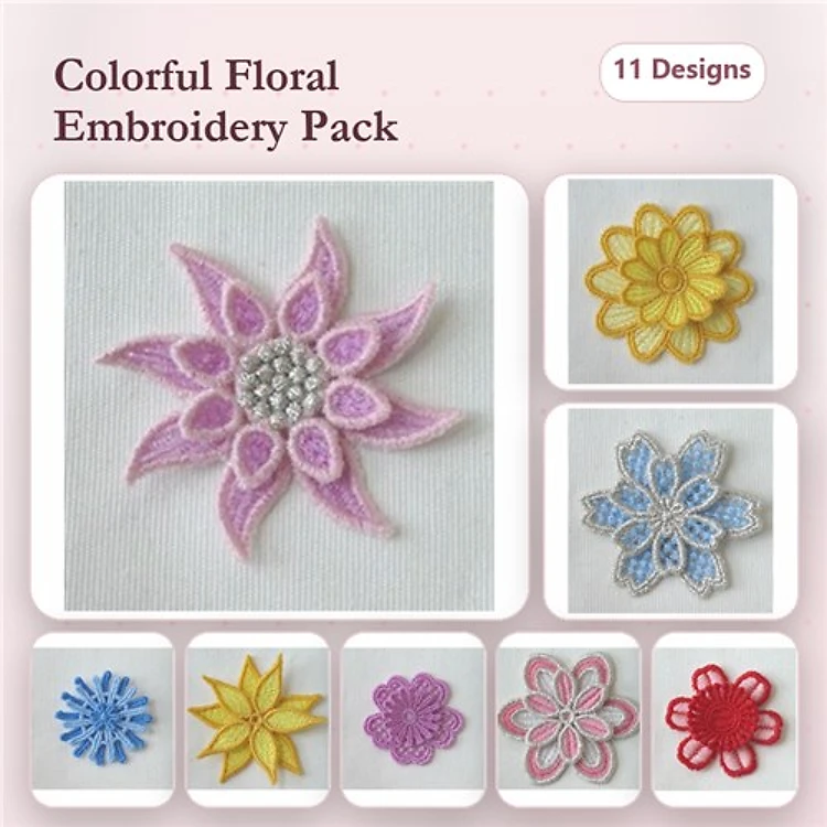 FSL Colorful Floral Embroidery Designs Bundle – Pink, Yellow, Blue, Red & More (11 Designs)