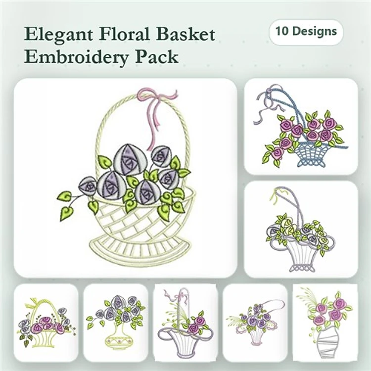 Floral Baskets Embroidery Bundle – Floral Basket with Roses, Bouquet in Basket, Rose Basket with Ribbon & More (10 Designs)