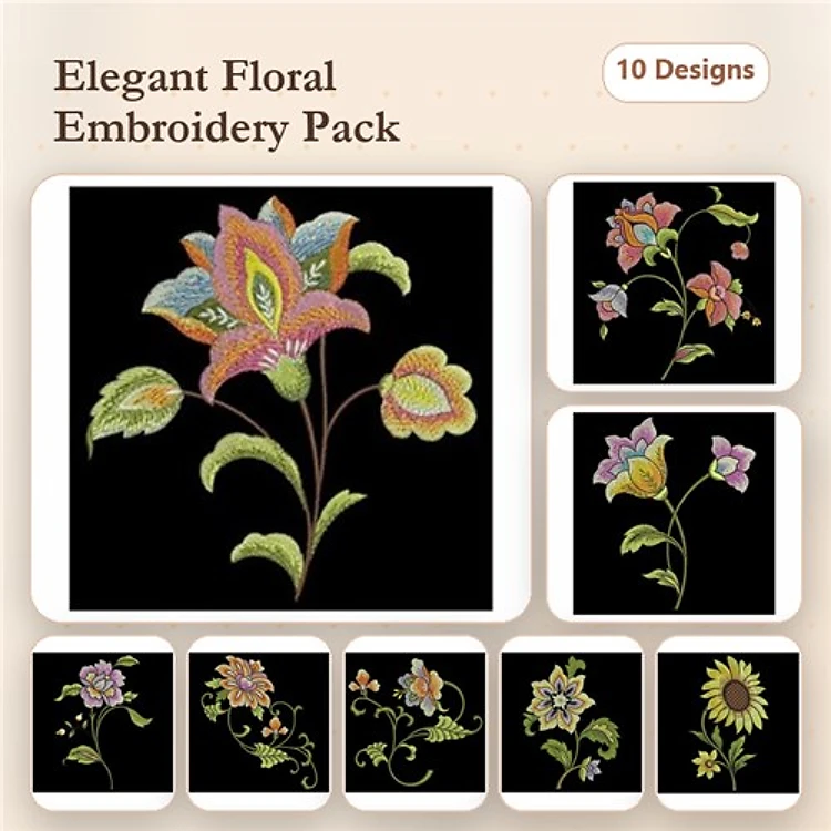 Elegant Floral Embroidery Bundle – Colorful Flower Arrangement, Rose with Leaves, Single Floral Bloom & More (10 Designs)