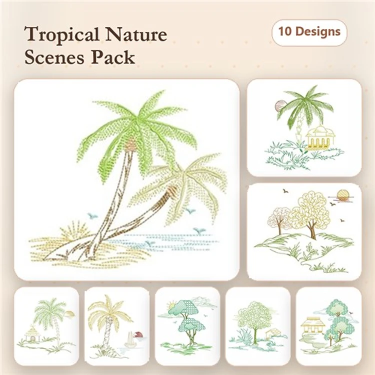 Tropical Nature Embroidery Designs Bundle – Palm Tree, Beach Hut, Seagull & More (10 Designs)