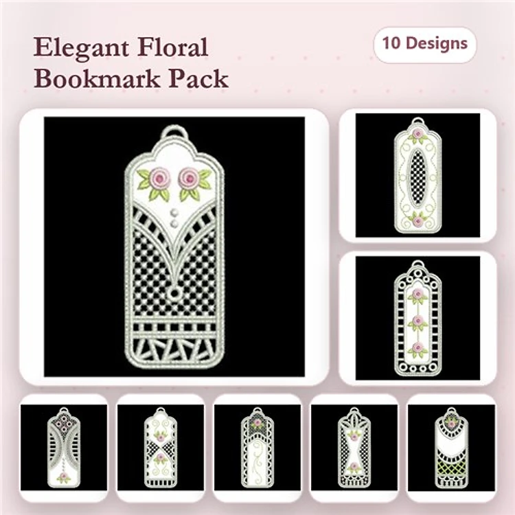 FSL Floral Bookmark Embroidery Designs Bundle – Elegant Floral Accents, Intricate Lace, & More (10 Designs)