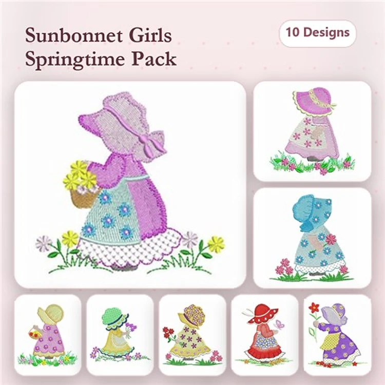 Sunbonnet Girls in Springtime Embroidery Designs Bundle – Sunbonnet Girl with Flowers, Sunbonnet Girl in Blue, & More (10 Designs)