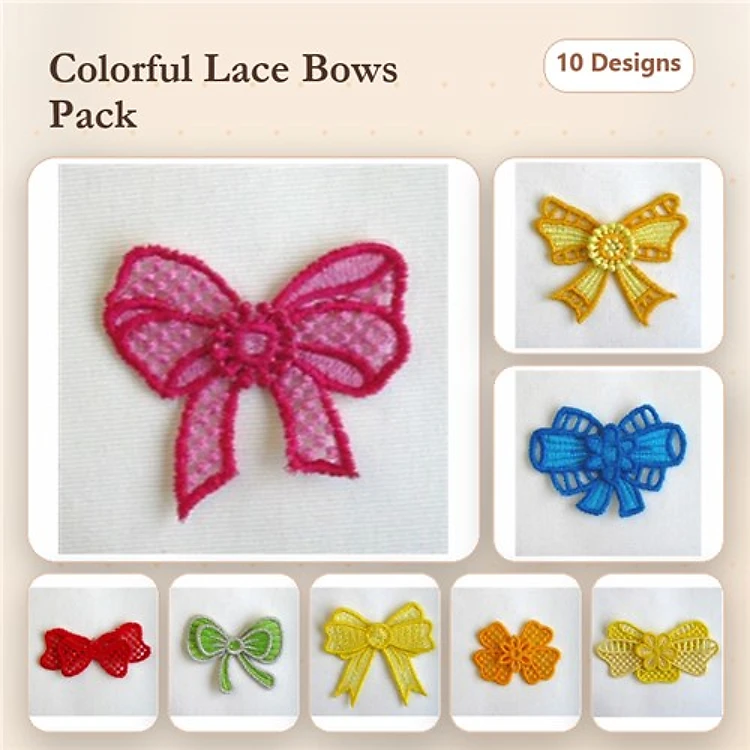 FSL Colorful Lace Bows Embroidery Bundle – Pink, Yellow, Blue, Green & More (10 Designs)