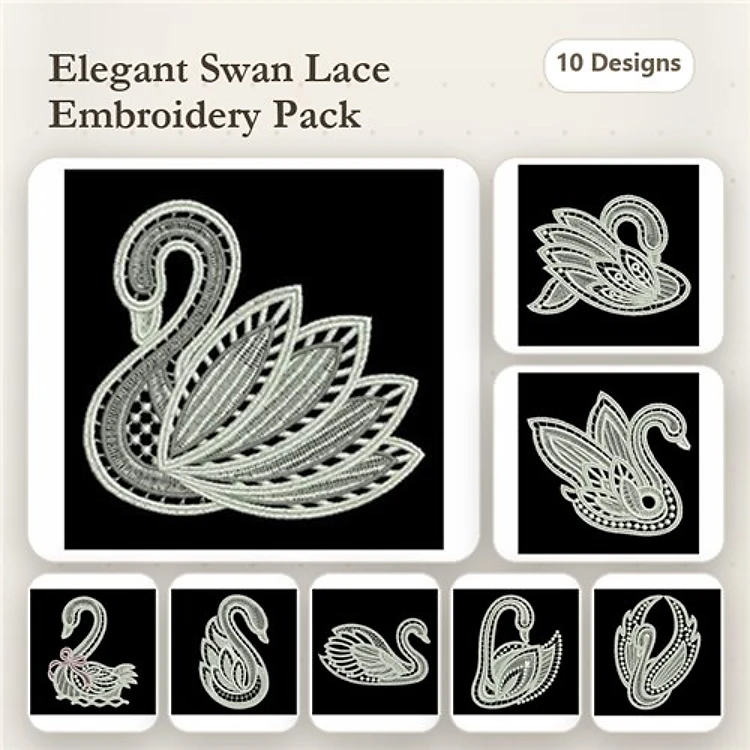 FSL Elegant Swan Embroidery Designs Bundle – Swan with Decorative Tail, Floral Lace Swan, & More (10 Designs)