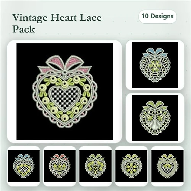 FSL Vintage Heart Lace Embroidery Designs Bundle – Lace Heart with Bow, Floral Heart Lace & More (10 Designs)