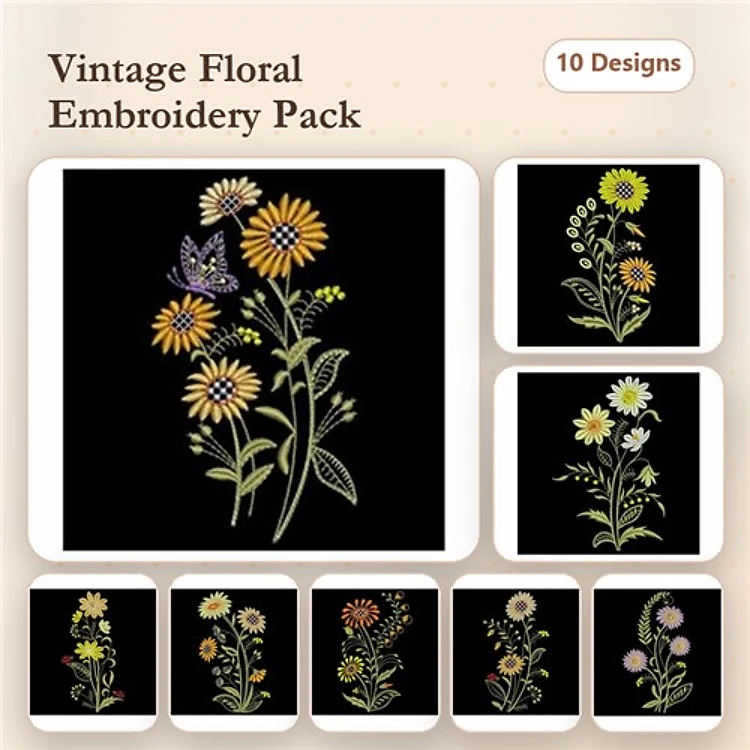 Floral Embroidery Designs Bundle – Butterfly and Sunflowers, Daisy Bouquet, Wildflower Arrangement & More (10 Designs)