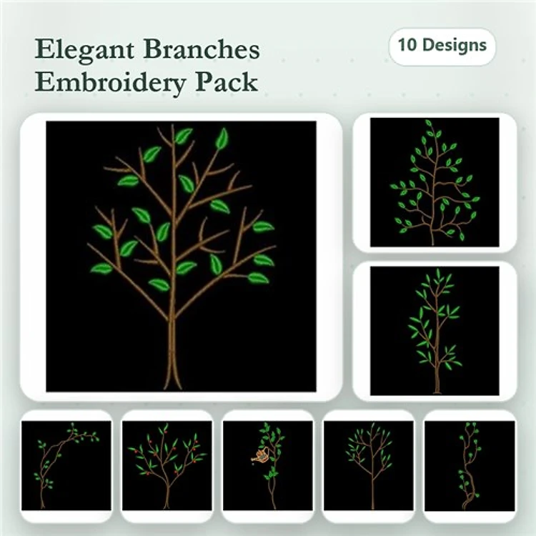 Elegant Branches with Leaves Embroidery Designs Bundle – Tall Leafy Branch, Branch with Bird, Curved Branch & More (10 Designs)