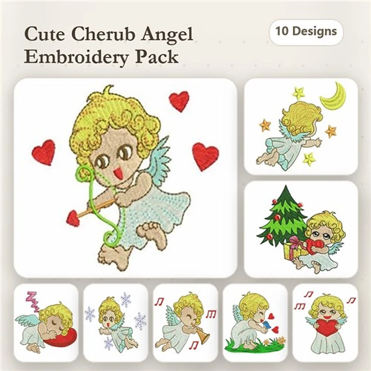 Cute Cherub Angels Embroidery Designs Bundle – Cherub Angel with Hearts, Singing, Christmas Tree & More (10 Designs)