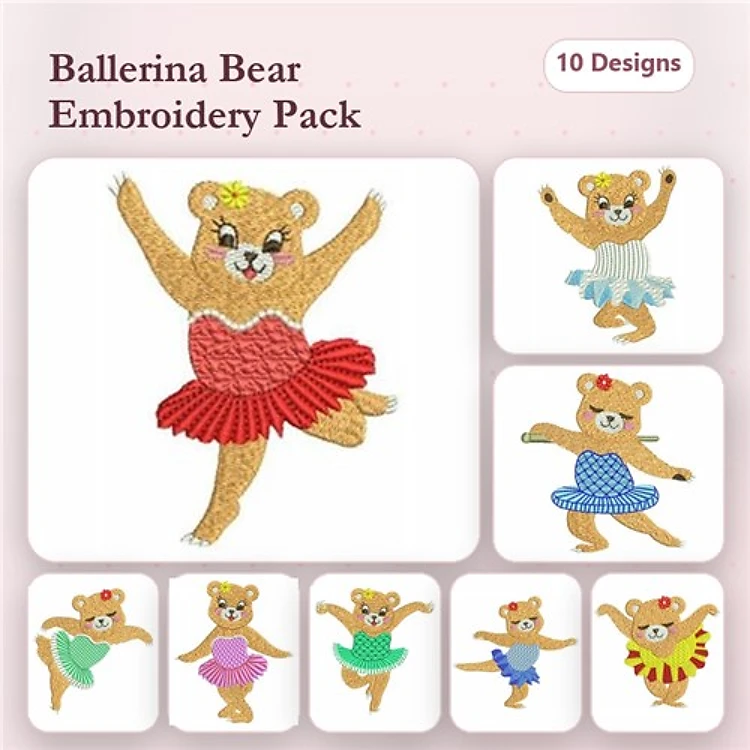 Ballerina Bears Embroidery Designs Bundle – Ballerina Bear with Red Skirt, Blue Skirt, Green Skirt & More (10 Designs)