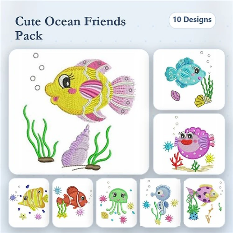 Colorful Fish & Ocean Creatures Embroidery Designs Bundle – Yellow Fish, Purple Pufferfish, Coral & More (10 Designs)