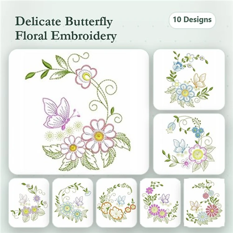 Floral Embroidery Designs Bundle – Delicate Butterfly with Flowers, Floral Wreath with Butterfly & More (10 Designs)