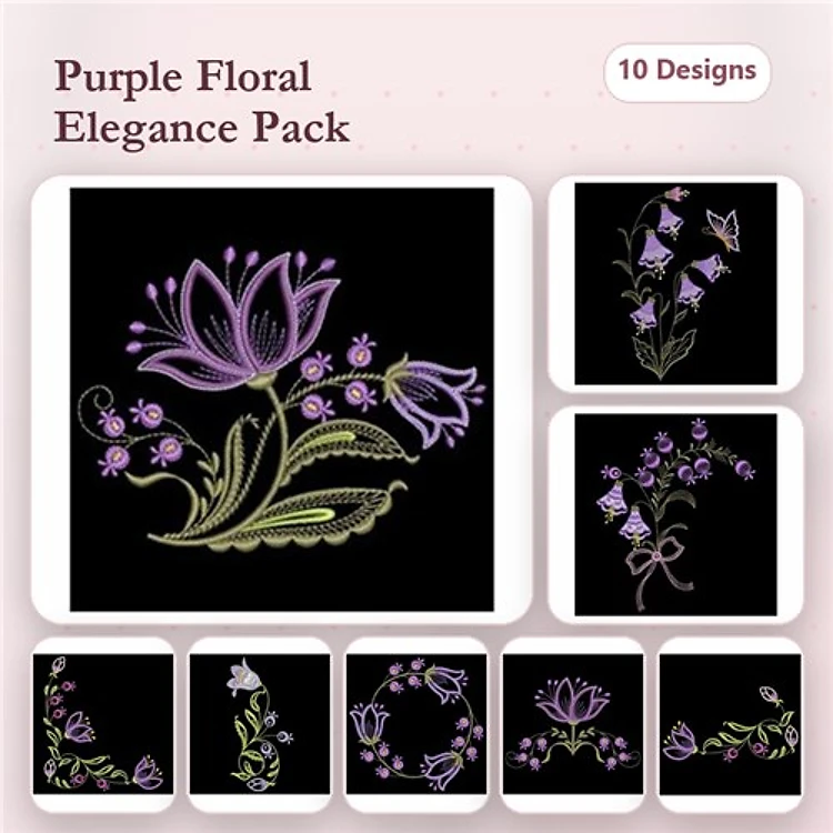 Floral Elegance Embroidery Designs Bundle – Purple Tulip Bouquet, Violet Floral Cluster, Elegant Purple Bloom & More (10 Designs)