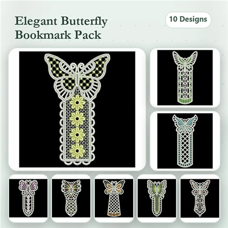 FSL Butterfly Bookmark Embroidery Designs Bundle – With Flowers, With Lace, With Openwork & More (10 Designs)