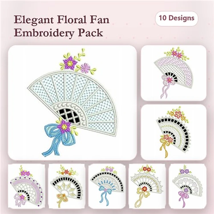 Floral Fan Embroidery Bundle – Blue Ribbon, Black Accents, Pink Ribbon & More (10 Designs)