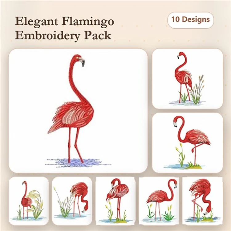 Elegant Flamingo Embroidery Designs Bundle – Standing Flamingo with Grass, Flamingo in Profile, Walking Flamingo & More (10 Designs)