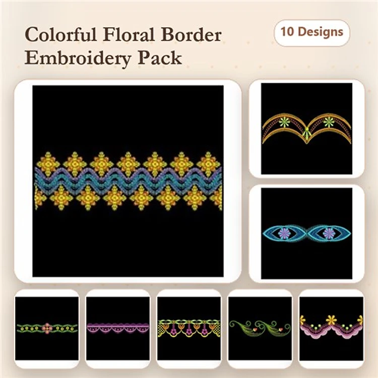 Floral Border Embroidery Designs Bundle – Colorful Floral Border One, Floral Border Two, & More (10 Designs)