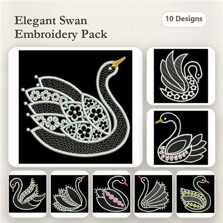 Elegant Swan Embroidery Bundle – Swan with Floral Embellishments, Swan in Flight, Ornate Swan Design & More (10 Designs)