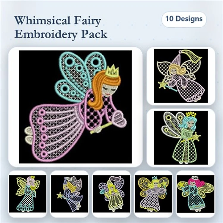 FSL Fairy Embroidery Designs Bundle – Crown & Wand, Sitting, Flying Fairies & More (10 Designs)