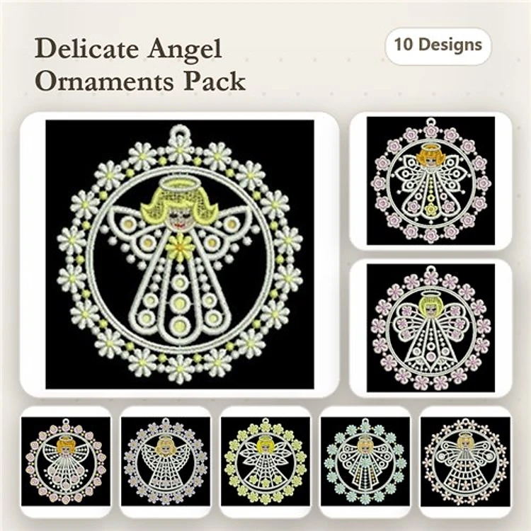 FSL Delicate Angel Ornaments Embroidery Bundle – Angel with Flowers, Gold Winged Angel, Pink Winged Angel & More (10 Designs)