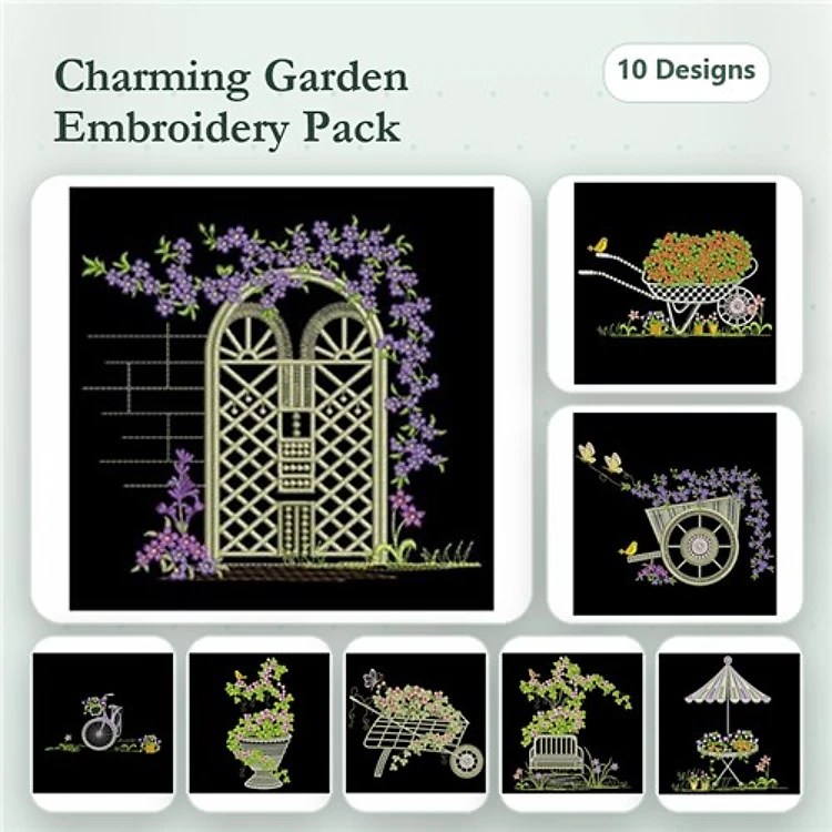 Garden Themed Embroidery Designs Bundle – Garden Gate, Planter with Flowers, Wheelbarrow with Flowers & More (10 Designs)