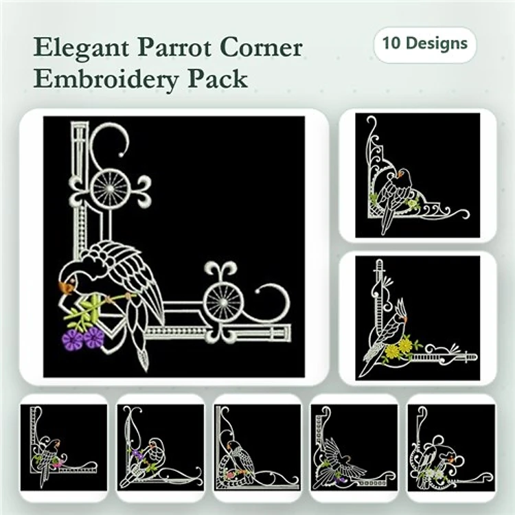 Elegant Parrot Corner Embroidery Bundle – Parrot Corner with Flowers, Parrot with Grapes Corner & More (10 Designs)