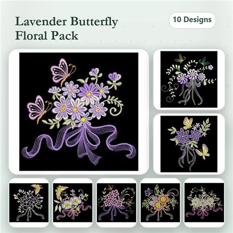 Lavender Butterfly Floral Embroidery Designs Bundle – Lavender Floral Bouquet, Butterfly on Floral Bouquet & More (10 Designs)