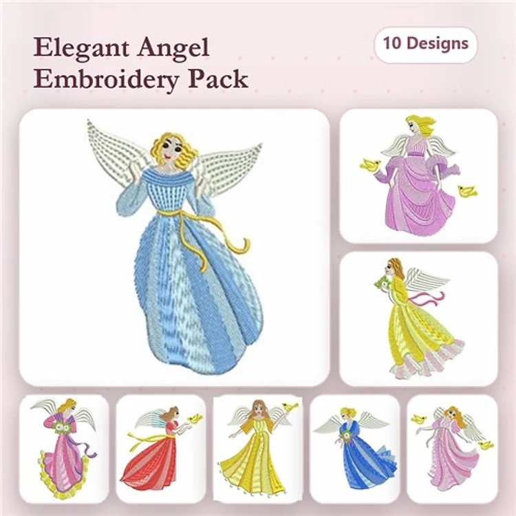 Elegant Angels Embroidery Designs Bundle – Blue, Pink, Yellow, Purple & More (10 Designs)