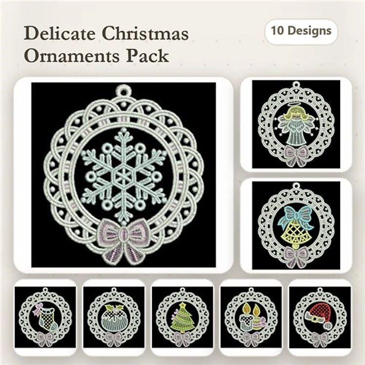 FSL Christmas Ornament Embroidery Designs Bundle – Snowflake, Bell, Christmas Tree & More (10 Designs)