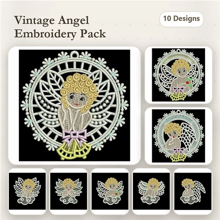 FSL Vintage Angel Embroidery Bundle – Angel with Wings, Angel Holding Heart, Lace Angel Ornament & More (10 Designs)
