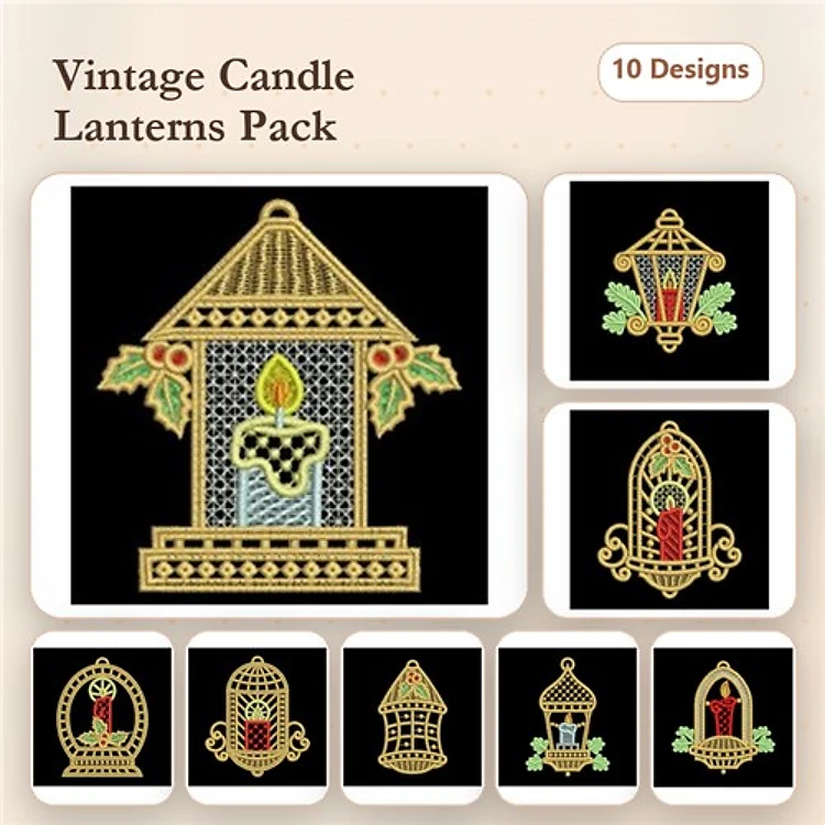 FSL Candle Lantern Embroidery Designs Bundle – Candle Lantern with Holly, Ornate Candle Lantern, & More (10 Designs)