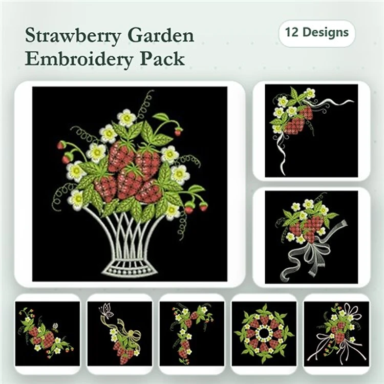 Strawberry Garden Embroidery Designs Bundle – Basket, Bouquet, Wreath & More (12 Designs)