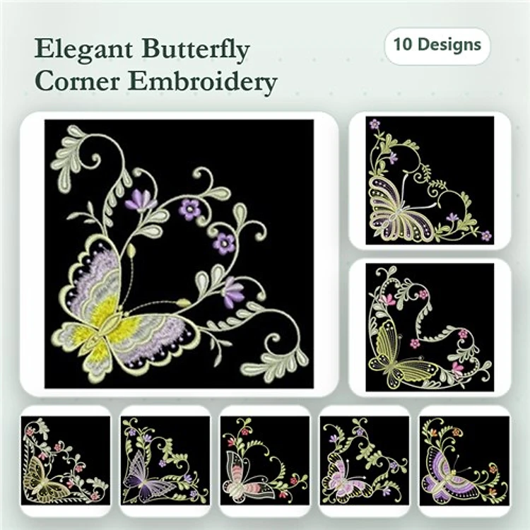 Elegant Butterfly Corner Embroidery Bundle – Butterfly Corner with Flowers, Lace Butterfly Corner & More (10 Designs)
