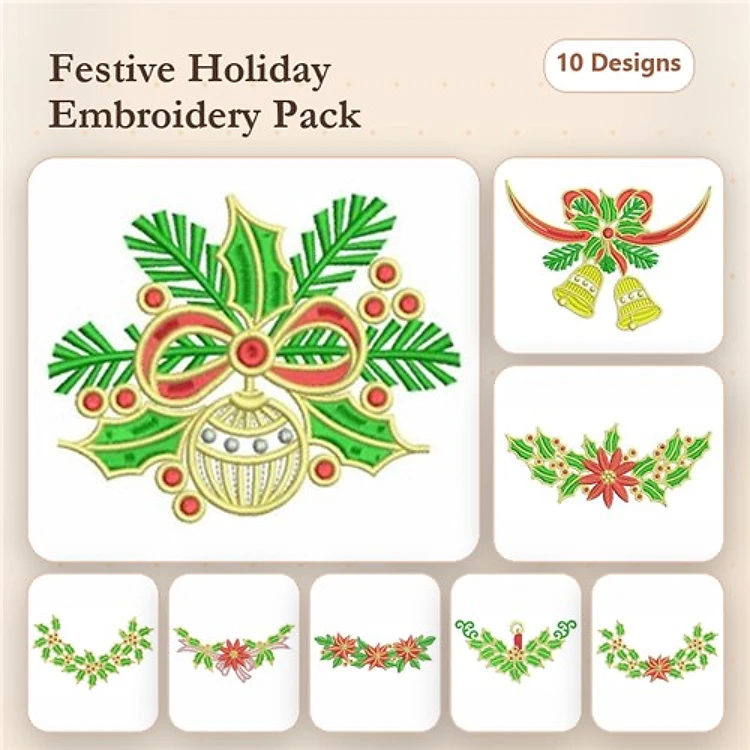 Festive Holiday Decorations Embroidery Designs Bundle – Holly and Ornament Decoration, Holiday Bow, Christmas Bells & More (10 Designs)