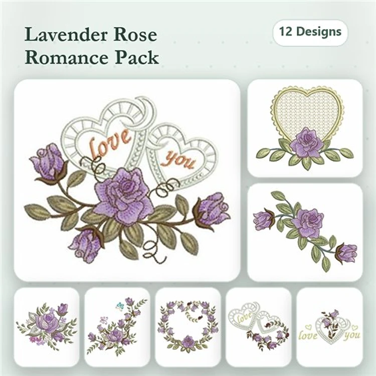 Lavender Roses and Hearts Embroidery Designs Bundle – Lavender Rose Heart, Single Lavender Rose, Woven Heart & More (12 Designs)