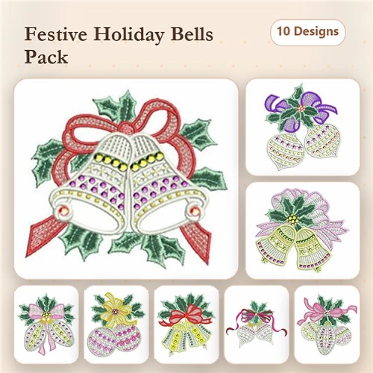 Holiday Bells Embroidery Bundle – Bell with Ribbon and Holly, Bell with Purple Bow & More (10 Designs)