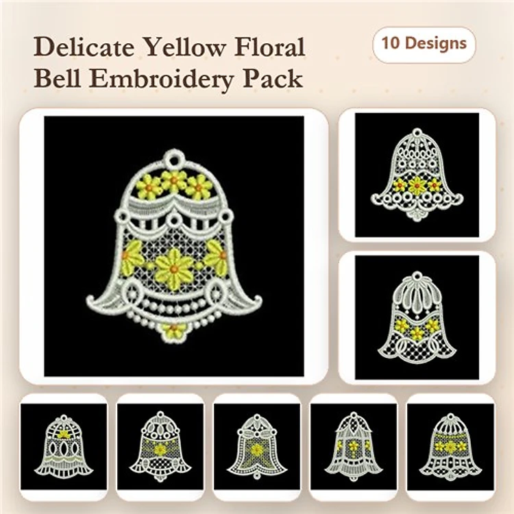 FSL Floral Bell Embroidery Designs Bundle – Floral Bell with Yellow Flowers, Ornate Floral Bell & More (10 Designs)